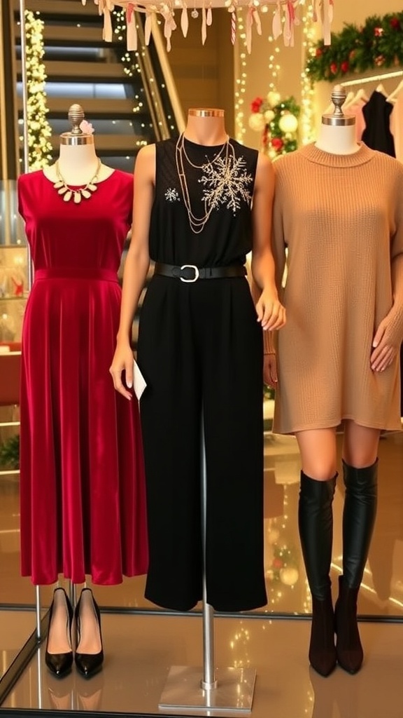 A collection of Christmas party outfits including a red dress, black jumpsuit, and sweater dress displayed in a festive setting.